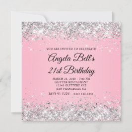Invitación Sparkly Silver Purpurina Pink 21º cumpleaños