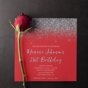 Invitación Sparkly Silver Purpurina Red 21st Birthday