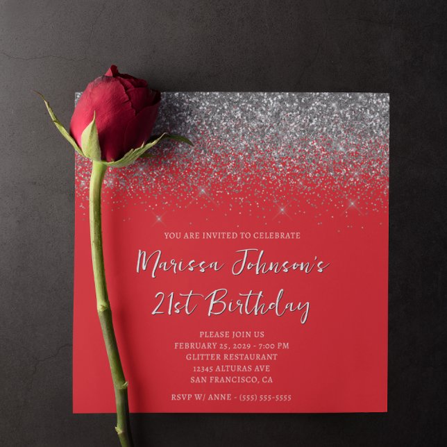 Invitación Sparkly Silver Purpurina Red 21st Birthday (Sparkly Silver Glitter Red 21st Birthday Invitation)