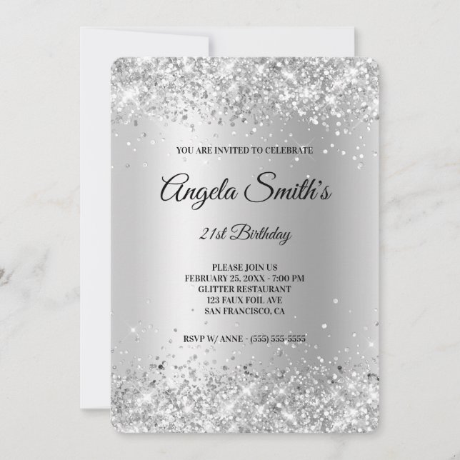 Invitación Sparkly Silver Purpurina Relieve metalizado satina (Anverso)