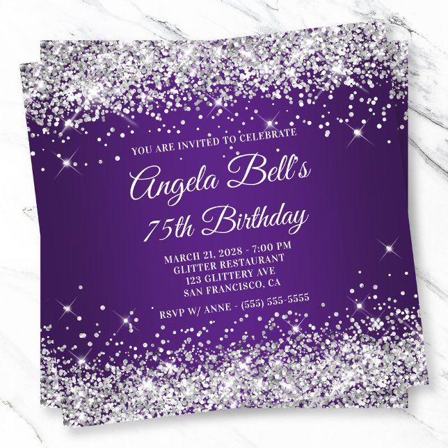 Invitación Sparkly Silver Purpurina Royal Purple 75 cumpleaño (Sparkly Silver Glitter Royal Purple 75th Birthday Invitation)