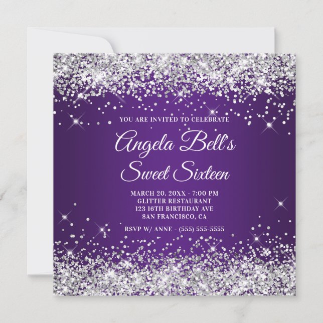 Invitación Sparkly Silver Purpurina Royal Purple Sweet 16 (Anverso)