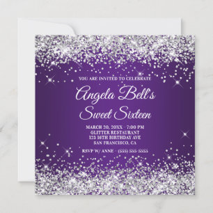 Invitación Sparkly Silver Purpurina Royal Purple Sweet 16