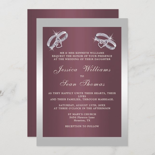 Invitación Sparkly Silver Rings & Burgandy Boda (Anverso / Reverso)