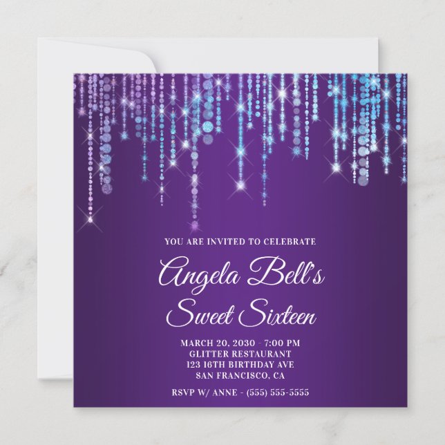 Invitación Sparkly Unicorn Lights Royal Purple Sweet Sixteen (Anverso)