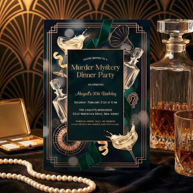Invitación Speakeasy Murder Mystery Dinner Birthday Party (Speakeasy Murder Mystery Birthday – Art Deco Black & Gold, Champagne, Personalized)