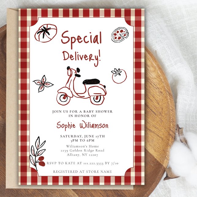 Invitación Special Delivery Italian Food Red Baby Shower  (Subido por el creador)