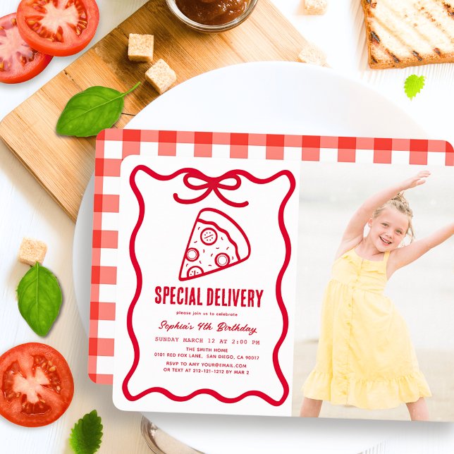 Invitación Special Delivery Red Bow Pizza Photo Birthday (Subido por el creador)
