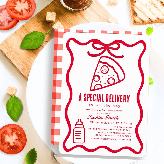 Invitación Special Delivery Red Hand-drawn Pizza Baby Shower (Subido por el creador)