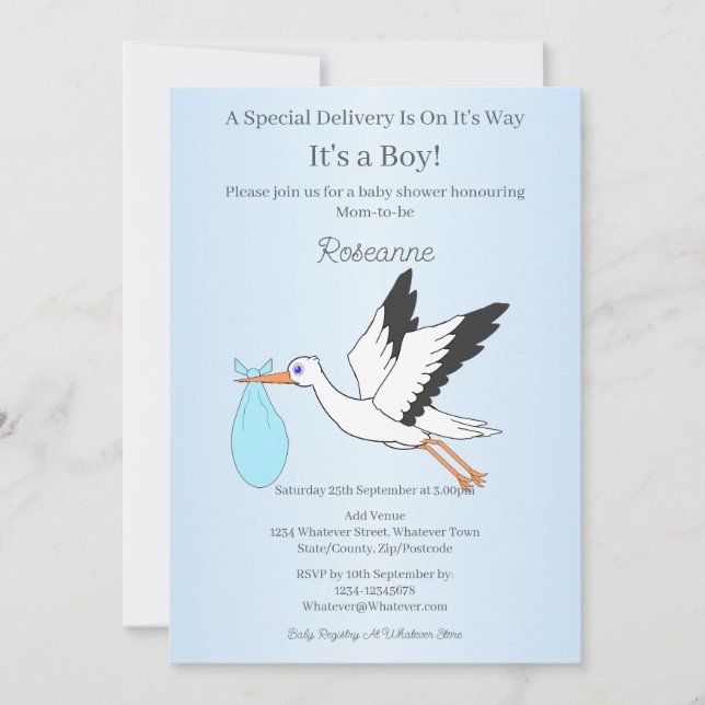 Invitación Special Delivery Stork Baby Boy Baby Shower (Anverso)