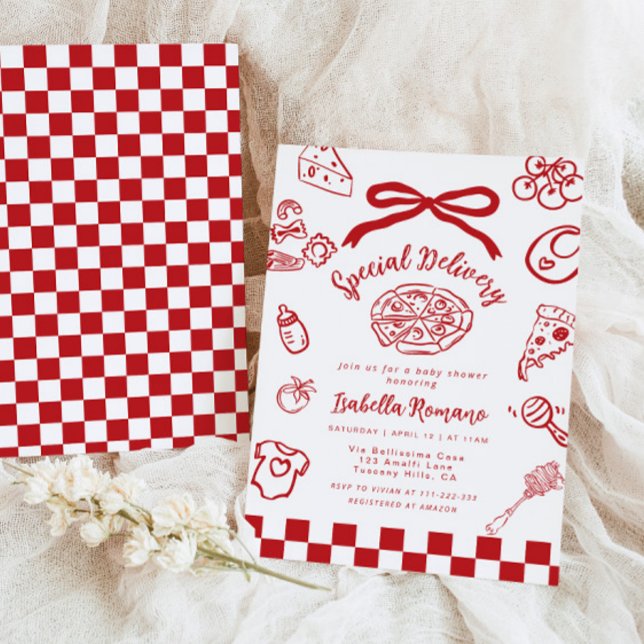 Invitación Special Delivery Whimsical Bow Pizza Baby Shower (Subido por el creador)