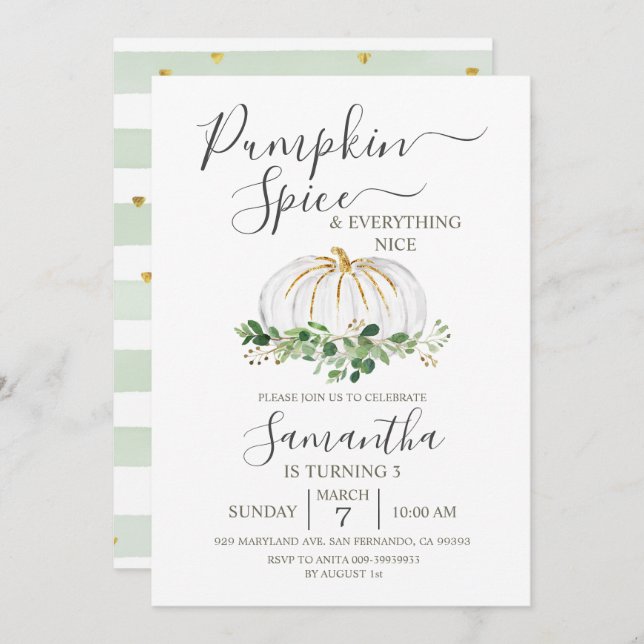 Invitación Spice de calabaza y todo lo bueno tercer cumpleaño (Anverso / Reverso)