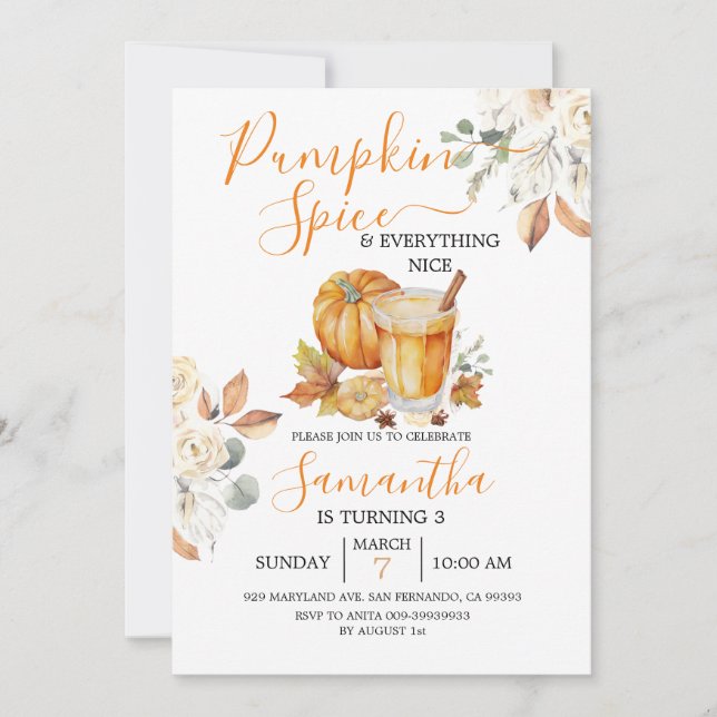 Invitación Spice de calabaza y todo lo bueno tercer cumpleaño (Anverso)