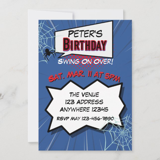 Invitación Spider Comic Blue Red Birthday (Anverso)