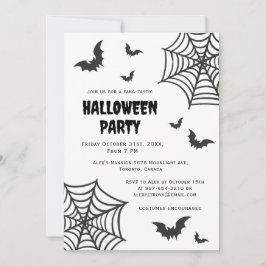 Invitación Spider Web Bat Spooky Black White Halloween Party