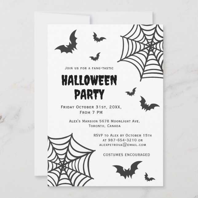 Invitación Spider Web Bat Spooky Black White Halloween Party (Anverso)