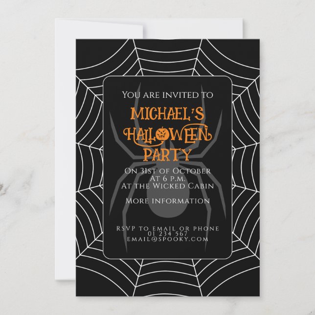 Invitación Spider web fiesta de Halloween blanco negro (Anverso)