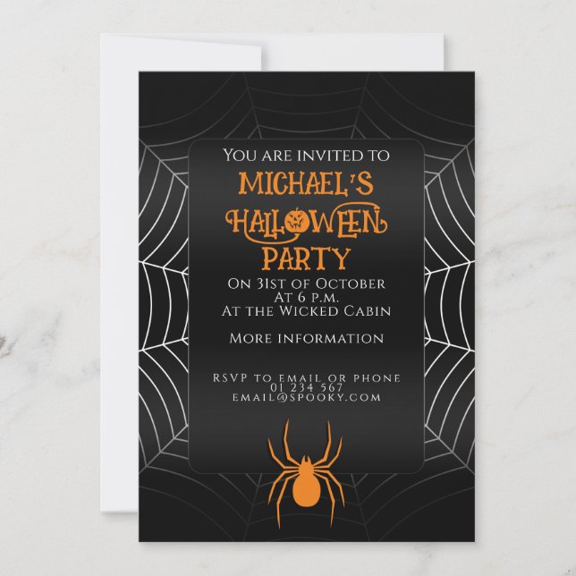 Invitación Spider web naranja blanco negro fiesta de Hallowee (Anverso)