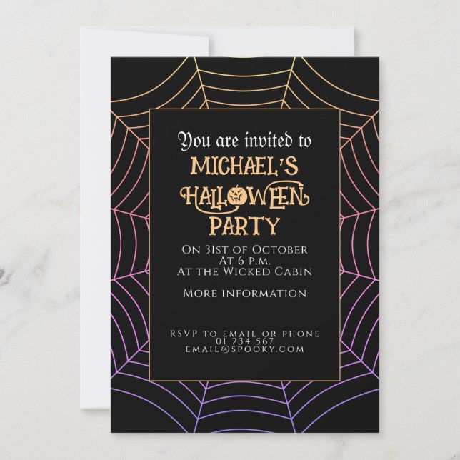 Invitación Spider web naranja morado negro Halloween (Anverso)