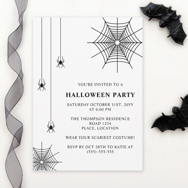 Invitación Spiderweb Sencilla Halloween Blanco Negro (Minimalist design for Halloween. Personalize with custom text and colors.)