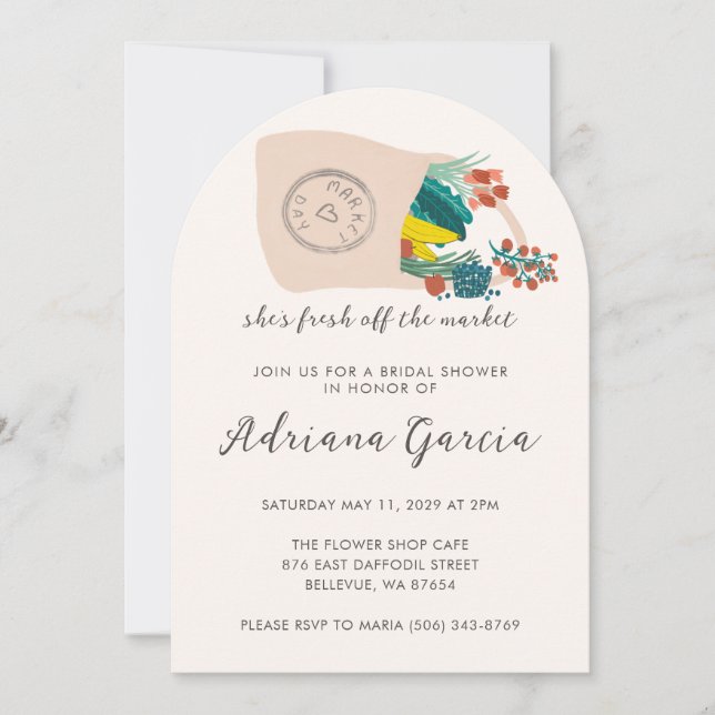 Invitación Spilled Tote FRESH OFF MARKET Arch Bridal Shower (Anverso)
