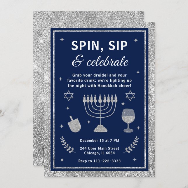 Invitación Spin, Sip & Celebrate Hanukkah Party (Anverso / Reverso)