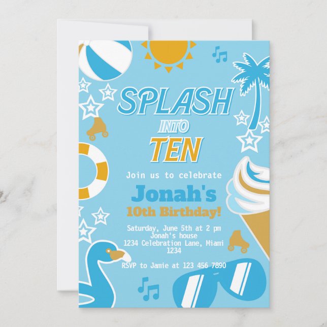 Invitación Splash en Fiesta de diez piscinas cumpleaños veran (Anverso)