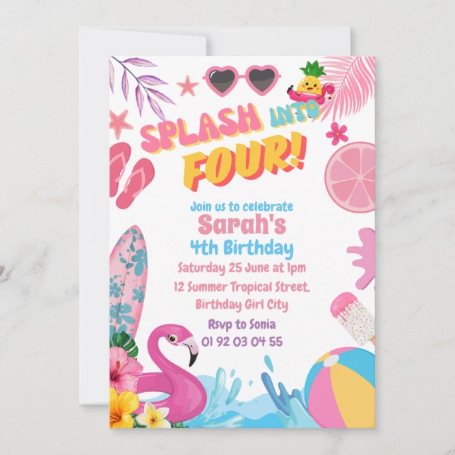 Invitación Splash en la fiesta de cumpleaños de cuatro piscin (Anverso)