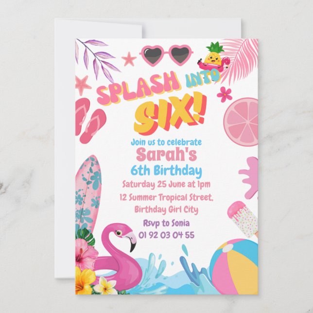 Invitación Splash en la fiesta de cumpleaños de la sexta pisc (Anverso)