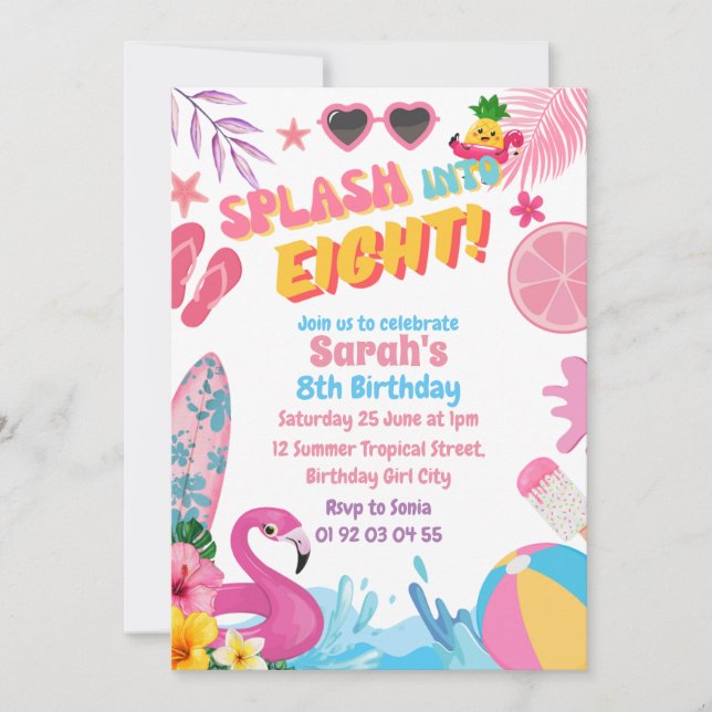 Invitación Splash En Ocho Retro Octava Fiesta de Cumpleaños d (Anverso)