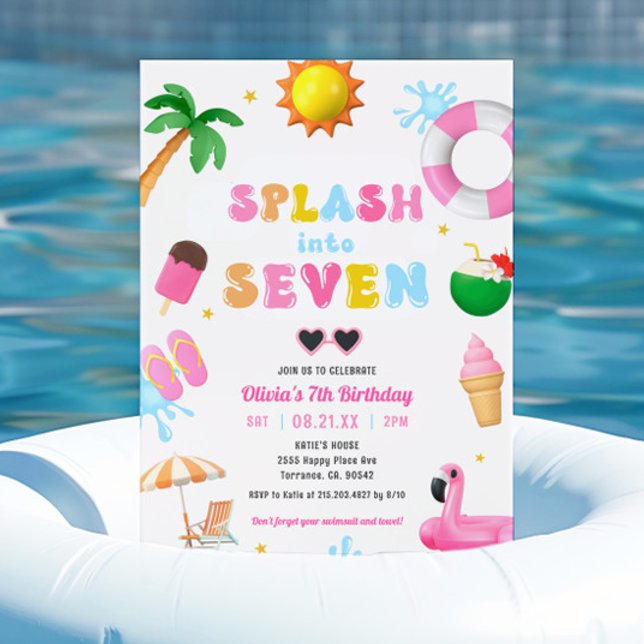 Invitación Splash En Siete Piscinas Fiesta Chica 7 Cumpleaños (Subido por el creador)