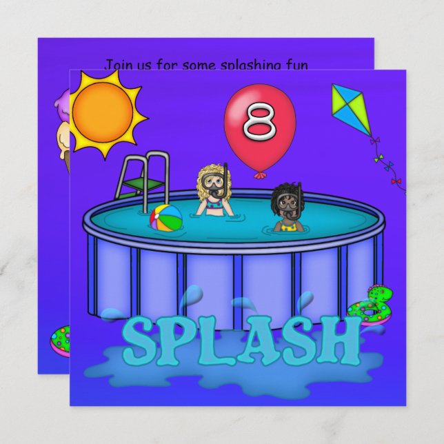 Invitación "Splash" Fiesta de billar octavo cumpleaños (Anverso / Reverso)
