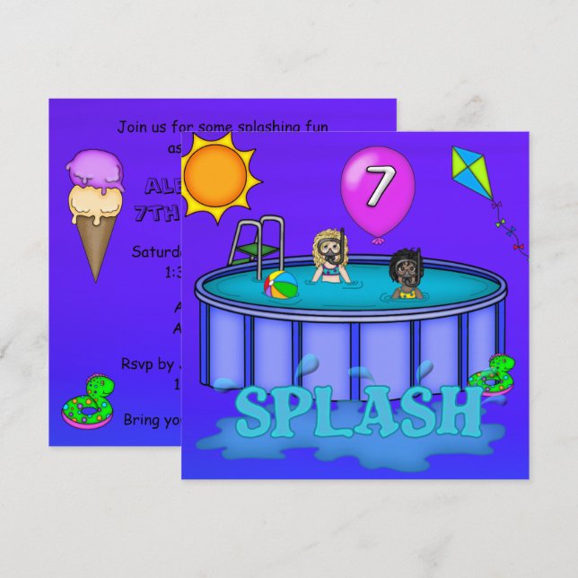 Invitación "Splash" Fiesta de billar sétimo cumpleaños (Anverso / Reverso)