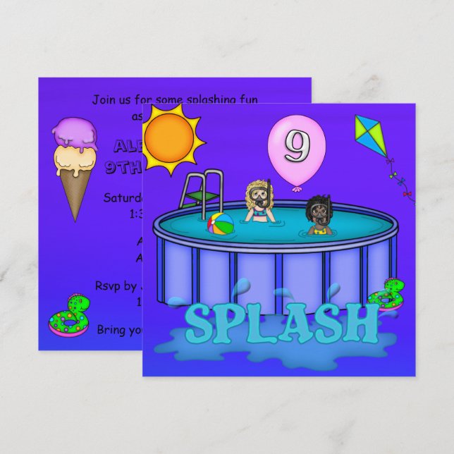 Invitación "Splash" Fiesta de Cumpleaños 9º Aniversario (Anverso / Reverso)