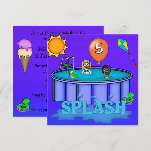 Invitación "Splash" Fiesta en la Piscina Cumpleaños 5 (Anverso / Reverso)