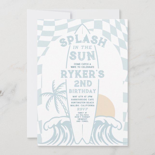 Invitación Splash In The Sun Modern Surf Surfboard Birthday (Anverso)
