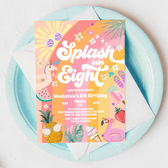 Invitación Splash Into Eight Summer Rainbow Sun 8th Birthday  (Subido por el creador)