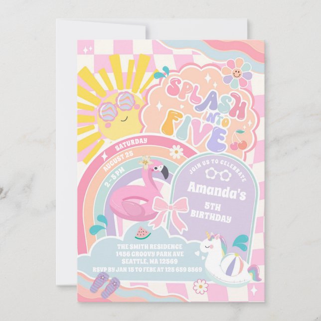 Invitación Splash Into Five Cloud Rainbow Disco 5th Birthday  (Anverso)