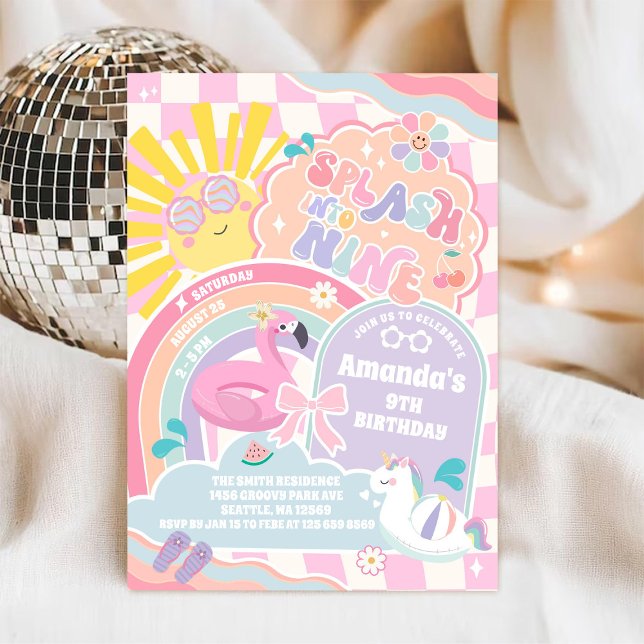 Invitación Splash Into Nine Pool Party Rainbow 9th Birthday  (Subido por el creador)