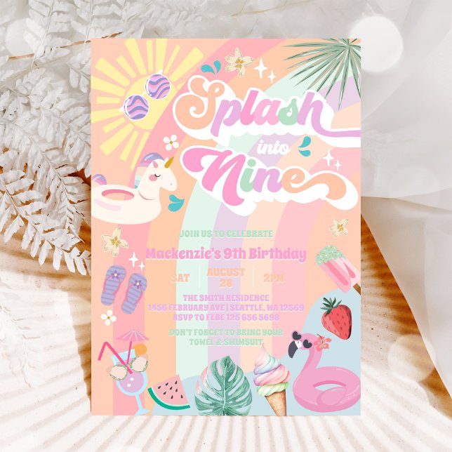 Invitación Splash Into Nine Summer Rainbow Sun 9th Birthday  (Subido por el creador)