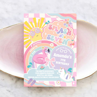 Invitación Splash Into Seven Pool Party Rainbow 7th Birthday
