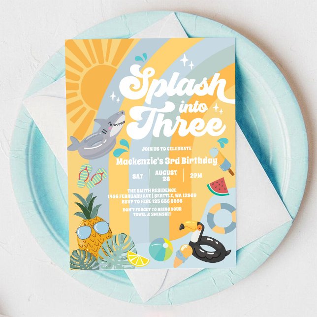 Invitación Splash Into Three Summer Rainbow Sun 3rd Birthday  (Subido por el creador)
