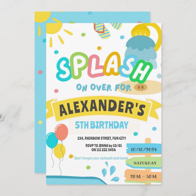 Invitación Splash Pad Fiesta Water Park Cumpleaños (Anverso / Reverso)