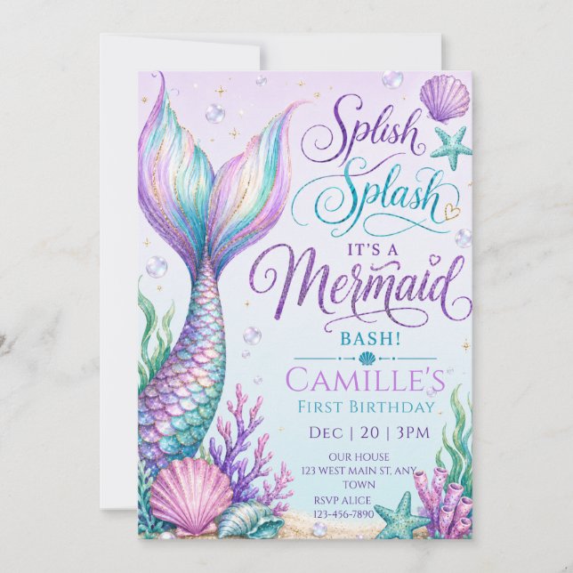 Invitación Splash Splash Es una Fiesta de Cumpleaños de Siren (Anverso)