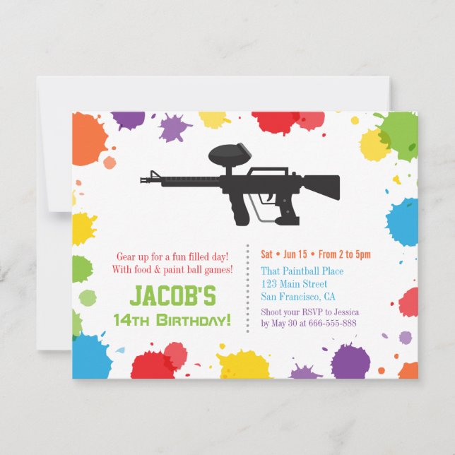 Invitación Splat Paints Rifle Paintball Fiesta de Cumpleaños (Anverso)
