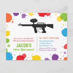 Invitación Splat Paints Rifle Paintball Fiesta de Cumpleaños