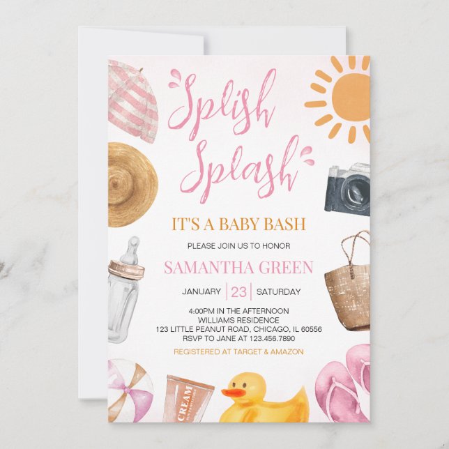 Invitación Splish Splash Baby Bash Chica Baby Shower (Anverso)