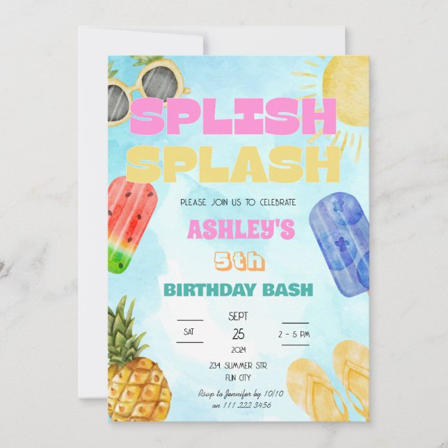 Invitación Splish Splash Birday Bash Chica Pool Fiesta (Anverso)