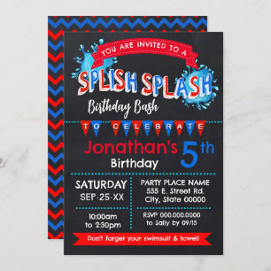 Invitación Splish Splash Birday Bash Rojo Azul Blanco