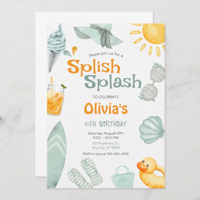 Invitación Splish Splash Birthday  Pool Party  (Anverso / Reverso)